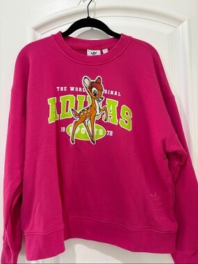 adidas Disney Hot Pink Crewneck Sweatshirt with Neon Green Logo and Bambi Logo M